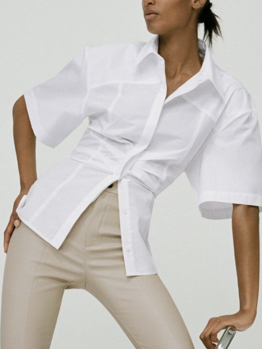 Zara White Short-Sleeve Button-Down Shirt Blouse